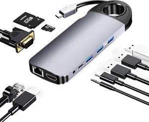 10-in-1 USB C Hub Docking Station with Hidden Cable & Finger Ring Design, 4K HDMI/VGA Dual Display, Gigabit Ethernet, SD Card Reader - Portable Laptop Dock for MacBook/Dell/HP