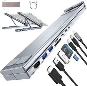Miraclew 8-in-1 USB-C Laptop Stand, Ergonomic All-in-One 8-Port Hub Laptop Stand Docking Station, 8-in-1 USB-C Hub with Docking Station Make You Have Endless Productivity (Silver)