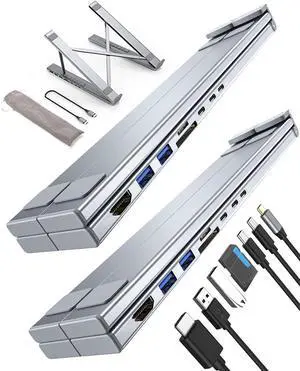 8-in-1 USB-C Laptop Stand, 8 in 1 USB C Laptop Docking Station Stand with 4k HDMI, 100w Pd, USB 3.0, SD/TF, Foldable Ergonomic Stand, Plug and Play for Travel, Office, Or Remote Work (2Pcs)