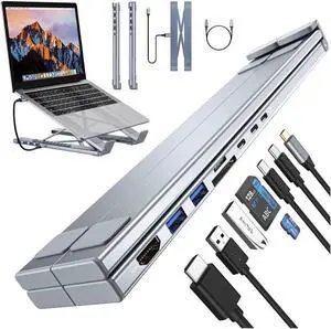 Civilizek 8-in-1 USB-C Laptop Stand, Laptop Stand Docking Station, 4K HDMI Output Ergonomic ElevationUSB-C Hub with 8 Essential Ports, Foldable 5Gbps USB-A & USB-C Ports for Travel, Office