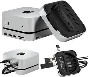 Mac mini M4 Dual Channel Dock & Desk Mount with 4TB M.2 NVMe SSD Enclosure, 10Gbps USB A/C Data Port, SD/TF Card Slot, 4K@60HZ HDMI, Mac mini M4 Aluminum Dock Stand & Hub