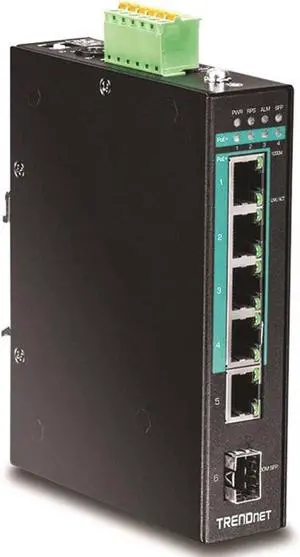 TRENDnet 5-Port Hardened Industrial Gigabit PoE+ DIN-Rail Switch, 120W Power Budget, 1 x SFP Slot, IP30 Rated, Unmanaged Switch, Gigabit PoE+ Network Switch, Lifetime Protection, Black, TI-PG541