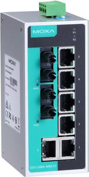 MOXA EDS-208A-MM-ST Unmanaged Ethernet Switch with 6 x 10/100BaseTX Ports, and 2 x 100BaseFX Multi-Mode Ports with ST connectors -10 to60°C