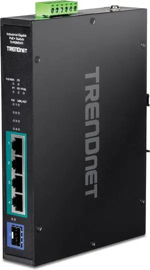 TRENDnet 5-Port Industrial Gigabit PoE+ Switch, Wide Temperature Range -20°  65°C (-4°  149°F), DIN-Rail Switch, 50-55V DC, 4 x Gigabit PoE+ Ports, 1 x Gigabit SFP Slot, TI-PGM541, Black