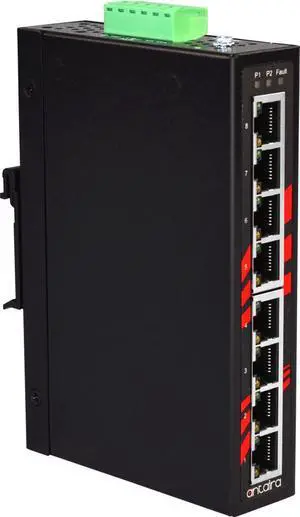Antaira LNX-800A Industrial-Grade 8-Port Unmanaged Fast Ethernet Switch, DIN-Rail Mount, -10 to 70°C Operating Temperature, Redundant 12 to 48 VDC Power Input