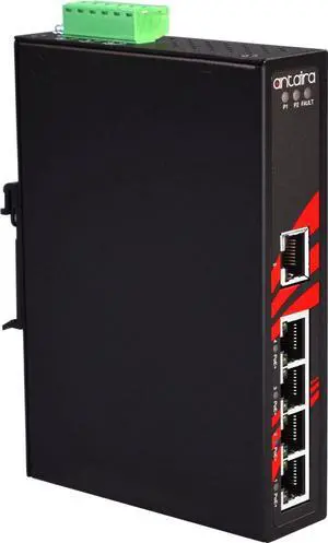 Antaira LNP-0500 Industrial-Grade 5-Port PoE Unmanaged Fast Ethernet Switch, DIN-Rail Mount, -10 to 70°C Operating Temperature, Redundant 48 to 55 VDC Power Input, 5-Year Warranty