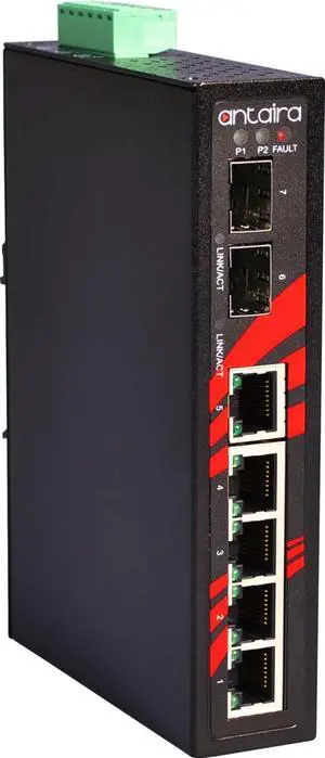 Antaira LNX-0702G-SFP-T Industrial-Grade 7-Port Unmanaged Gigiabit Ethernet Switch, 2 SFP Slots, DIN-Rail Mount, -40 to 75°C Operating Temperature, Redundant 12 to 48 VDC Power Input