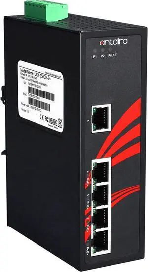 Antaira LNP-0500G-24 Industrial-Grade 5-Port PoE Unmanaged Gigabit Ethernet Switch, DIN-Rail Mount, -10 to 70°C Operating Temperature, Redundant 12 to 36 VDC Power Input, 5-Year Warranty