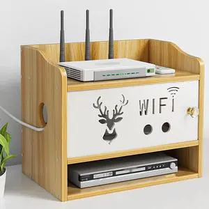 WiFi Router Storage Boxes, Multifunction Set-top Box Rack WiFi Router Modem Cable Power Plug Wire Storage Boxes, Wooden Wireless WiFi Router Storage Box, Upper and Lower Design