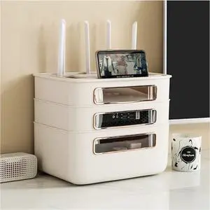 WiFi Router Storage Box, Router Hider Box, Multi-Layer Desktop Cable Storage Box, Router Decorative Box Wall Mount, PP Cable Power Socket Organizer Box Shelf (Size:31.5×21.5×26 cm,Color:B.)