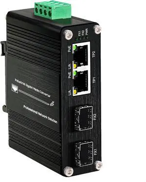 2-Port PoE Gigabit Ethernet Switch with Dual SFP Ports - Industrial-Grade Unmanaged Switch, 12~48VDC Input, 30W PoE+, DIN-Rail or Wall Mount, Rugged Metal Design