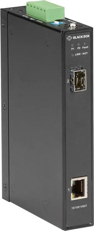 Black Box LGC280 Series Gigabit Industrial Media Converter SFP - 1 x Network (RJ-45) - Gigabit Ethernet - 10/100/1000Base-T, 1000Base-X - 1 x Expansion Slots - SFP (mini-GBIC) - 1 x SFP Slots - Rail-m