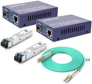 A Pair Gigabit Ethernet Media Converter, 10/100/1000Mbps Networks Ethernet to Fiber Media Converter, with 2pcs 1000Base-LX SFP Module and 4pack OM3 LC to LC Fiber Patch Cable