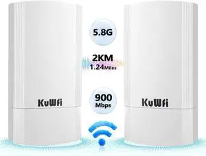KuWFi 5.8G Point to Point Outdoor WiFi Bridge,900Mbps Network Wireless Ethernet Bridge,2KM/1.24 Miles P2P Wireless Bridge CPE Kit IP65 Waterproof for Extend starlink Router Signal