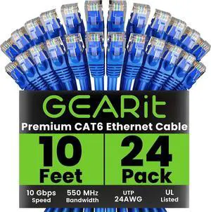 GEARit Cat 6 Ethernet Cable (24-Pack 10 Feet) Cat6 Network Patch, 10Gbps, RJ45, Snagless Cord, Gold-Plated Connectors, Internet for PC, TV, Tablet, Router, Printer, Servers, IT Data Center - Blue