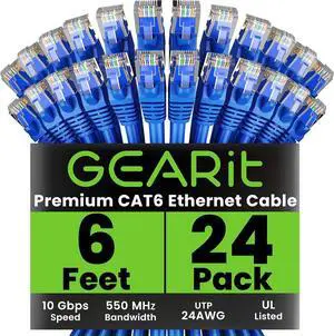 GEARit Cat 6 Ethernet Cable (24-Pack 6 Feet) Cat6 Network Patch, 10Gbps, RJ45, Snagless Cord, Gold-Plated Connectors, Internet for PC, TV, Tablet, Router, Printer, Servers, IT Data Center - Blue GEARit Cat 6 Ethernet Cable (24-Pack 6 Feet) Cat6 Network Patch, 10Gbps, RJ45, Snagless Cord, Gold-Plated Connectors, Internet for PC, TV, Tablet, Router, Printer, Servers, IT Data Center - Blue