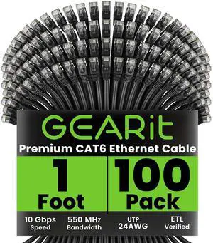 GearIT Cat 6 Ethernet Cable (100-Pack 1 Foot) Cat6 Network Patch, 10Gbps, RJ45, Snagless Cord, Gold-Plated Connectors, Internet for PC, TV, Tablet, Router, Printer, Servers, IT Data Center - Black