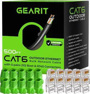 GEARit RJ45 Cat-6 Ethernet Patch Cable, DIY Bulk Kit (10 RJ45 & 10 Boot), 10Gpb Transfer Speed, Gold-Plated Connectors, Copper Clad, Outdoor, UV Resistant, Direct Burial, Waterproof, 500 Foot, Black