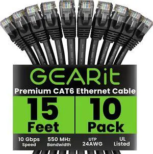 GEARit Cat 6 Ethernet Cable (10-Pack 15 Feet) Cat6 Network Patch, 10Gbps, RJ45, Snagless Cord, Gold-Plated Connectors, Internet for PC, TV, Tablet, Router, Printer, Servers, IT Data Center - Black GEARit Cat 6 Ethernet Cable (10-Pack 15 Feet) Cat6 Network Patch, 10Gbps, RJ45, Snagless Cord, Gold-Plated Connectors, Internet for PC, TV, Tablet, Router, Printer, Servers, IT Data Center - Black