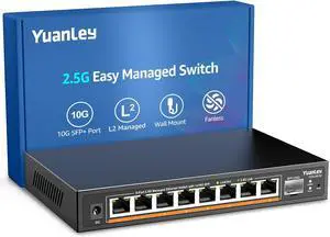 YuanLey 9 Port 2.5G Easy Managed Ethernet Switch Witch 10Gbps SFP+, Compatible with 100Mbps/1G/2.5G Network, QoS/VLAN/IGMP Supported, Metal Fanless Web