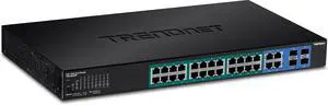 TRENDnet 28-Port Web Smart PoE+ Switch, 24 x Gigabit PoE+ Ports, 4 x Shared Gigabit Ports (RJ-45 or SFP), VLAN, QoS, LACP, IPv6 Support, 370W PoE Power Budget, Lifetime Protection, TPE-5028WS