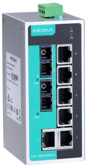 MOXA EDS-208A-MM-SC - Unmanaged Ethernet Switch with 6 10/100BaseT(X) Ports, and 2 100BaseFX Multi-Mode Ports with SC Connectors, -10 to 60°C