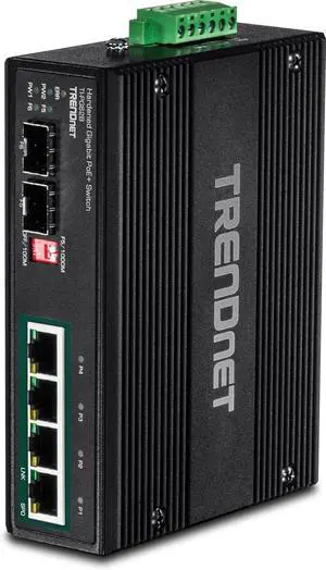 TRENDnet 6-Port Industrial Gigabit PoE+ Solar DIN-Rail Switch, 12-56V, Alarm Relay, 2 Dedicated SFP Slots, IP30 Rated Housing, Lifetime Protection, TI-PG62B, Black