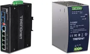 TRENDnet Bundle 6-Port Hardened Industrial Gigabit 10/100/1000 Mbps Ultra PoE DIN-Rail Switch TI-UPG62, 240W 52V DC 4.61A AC to DC DIN-Rail Industrial Power Supply TI-S24052
