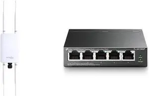 EnGenius ENH1350EXT Outdoor Wi-Fi Access Point/Range Extender/Bridge (Mounting Kit & PoE Injector Included) | TP-Link 5 Port Gigabit PoE Switch