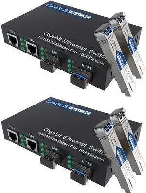 CableRack Gigabit Media Converter Multimode to Singlemode All-in-one (3 Configurations) Fiber Switch with Dual 10/100/1000M Ethernet Ports (2 Pack)