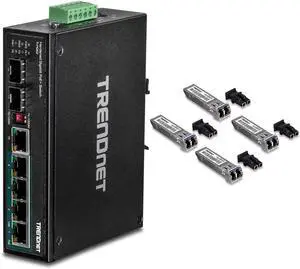 TRENDnet 6-Port Hardened Industrial Gigabit PoE+ DIN-Rail Switch, Black, TI-PG62 & SFP Single-Mode LC Module 4-Pack, TEG-MGBS10/4, for Single Mode Fiber, Distances up to 10km(6.2 Miles)
