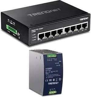 TRENDnet Bundle 8-Port Hardened Industrial Unmanaged Gigabit PoE+ DIN-Rail Switch TI-PG80, 240W 52V DC 4.61A AC to DC DIN-Rail Industrial Power Supply TI-S24052