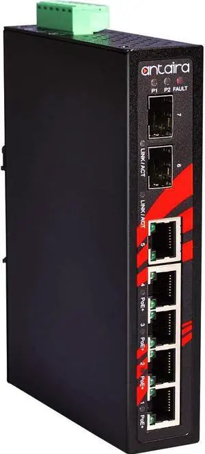 Antaira LNP-0702G-SFP-T Industrial-Grade 7-Port PoE Unmanaged Gigabit Ethernet Switch, 2 SFPs, DIN-Rail Mount, -40 to 75°C Operating Temperature, Redundant 48 to 55 VDC Power Input, 5-Year Warranty