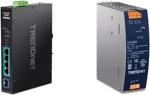 TRENDnet Bundle 5-Port Industrial Gigabit PoE+ Switch TI-PGM541, 150W 52V DC 2.89A AC to DC DIN-Rail Industrial Power Supply TI-S15052