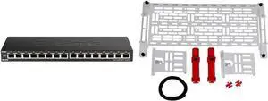 D-Link Ethernet Switch, 16 Port Gigabit Slim Switch Plug and Play, Unmanaged, Metal Housing, Quiet Fanless Design & On-Q AC1050-EMK Mounting Plate, White/Red