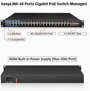 48 Port Gigabit PoE Switch Managed, with 48 PoE+ Ports @400W, 6 10G SFP Slots, IPv6 Static Routing, Desktop or Rackmount