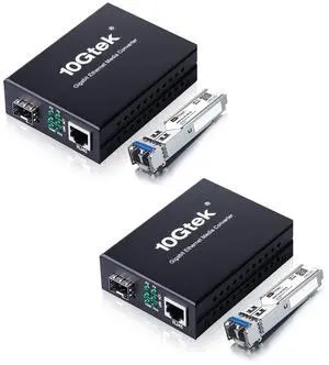 A Pair of Gigabit Single Mode LC Fiber Media Converter, with 2 Pcs SFP LX Modules, 1.25G/s Fiber to Ethernet Converter, 1000Base-LX to 10/100/1000base-TX, SFP to RJ45, SMF, 1310nm, up to 20km