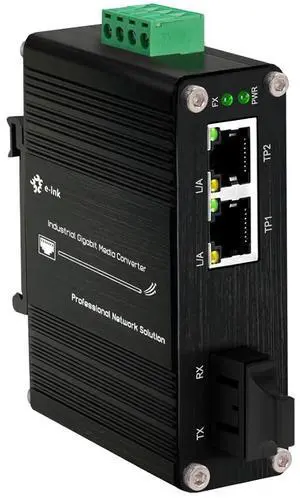 Mini Industrial 2 Ports Gigabit Media Converter Din Rail Mount Hardened Fiber Media Converter Ethernet Media Converter Single Mode 20km with SC Optic + 2 Rj45 Port 12~48V DC Input