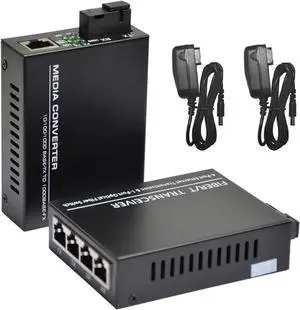 2X Gigabit Ethernet Media Converter, 1*SC Fiber Port, 4* RJ45 Port, Single Mode SC Fiber to Ethernet RJ45 Converter, 10/100M/1000M, up to 3-km Optical Transceiver