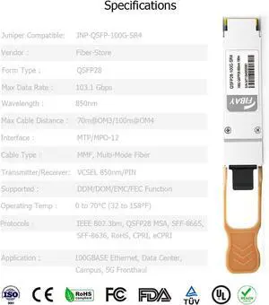 100G QSFP28 SR4 for Juniper JNP-QSFP-100G-SR4 100GBASE-SR4 QSFP28 Transceiver Module MMF 850nm 100m MTP/MPO DOM