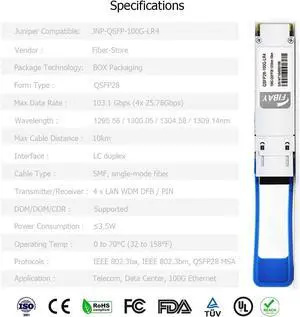 100G QSFP28 LR4 for Juniper JNP-QSFP-100G-LR4 100GBASE-LR4 QSFP28 Transceiver Module SMF 1310nm LAN WDM 10km LC DOM