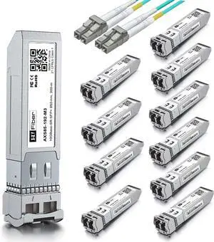 10 Pack 10G MultiMode SFP+ LC Module with 2m OM3 LC to LC Fiber Patch Cable, 10GBase-SR SFP+ Fiber Transceiver, MMF 850nm, 300m, DDM, Compatible with Cisco SFP-10G-SR, Meraki, Ubiquiti