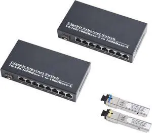 Gigabit SFP Media Converter - 1 SFP to 8 RJ45 Transceiver, 10/100/1000M Fiber Optic Switch with 3KM/20KM LC/SC SFP Module (1 Pair & SC Kit2)