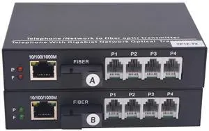 2 x POTS Extender RJ11 Telephone and Gigabit Ethernet Over Fiber Optic - 10/100/1000Mbps RJ45 Over Fiber Optic Extender, Universal Single Mode 20Km(12.4 mi), Multimode 500m(0.31 mi),A Pair.