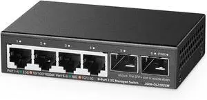 Binardat 4 Port 2.5G Web Managed Switch with 2x10G SFP+ Slot, Ultra-Mini Size, Support Trunk/LACP/VLAN/QOS, Metal Multi-Gigabit Desktop/Wallmount Network Switch