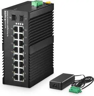 MokerLink 16 Port Gigabit Industrial DIN-Rail Ethernet Switch, 2 Gigabit SFP Ports, Unmanaged IP40 Network Switch (-40 to 185°F), with Power Supply