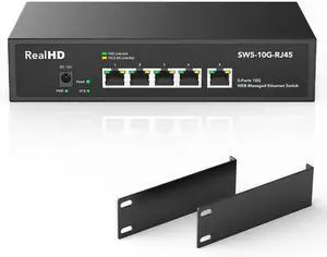 5 Port 10Gb RJ45 Web Managed Ethernet Network Switch, 5 x 10 Gigabit Base-T Port | 10Gbps Multi-Gig Swicth Support 5G-2.5G-1G-100M | 19 Inch Rack Mount | 100G Bandwidth | Metal Casing | Built-in Fan