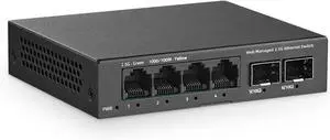YuLinca 6 Port 2.5G Easy Web Managed Switch, 4 x 2.5Gbps Base-T Ports and 2 x 10G SFP+ Slot, Support LACP/QOS/VLAN/IGMP, Mini Metal Fanless 2.5Gb Managed Switch