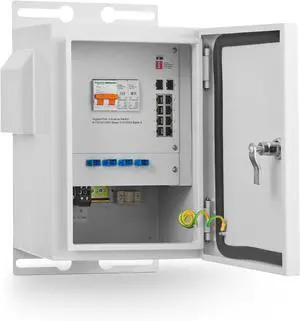 MokerLink Indoor/Outdoor Industrial Enclosure with Integrated 8 Port Gigabit PoE+, 2 Port 1000BASE SFP Switch, IEEE802.3af/at POE 246W Power Supply, Plug and Play, Metal IP65 Case, -40 to 158°F