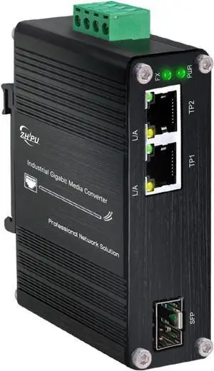 Mini Industrial 1.25G SFP Fiber to Ethernet Media Converter Supports DIN-Rail Installation, 1x 100/1000Base-X SFP Slots to 2X 10/100/1000Base-T RJ45 Gigabit 2 Port Fiber Switch, 12~48V DC Power Input